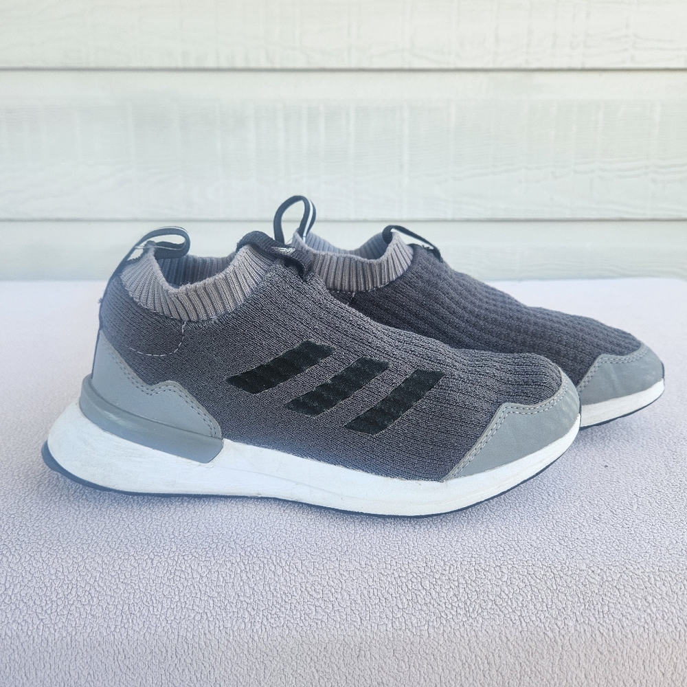 Adidas RapidaRun Laceless Slip-On Grey Black Knit Sneakers Youth SZ 2